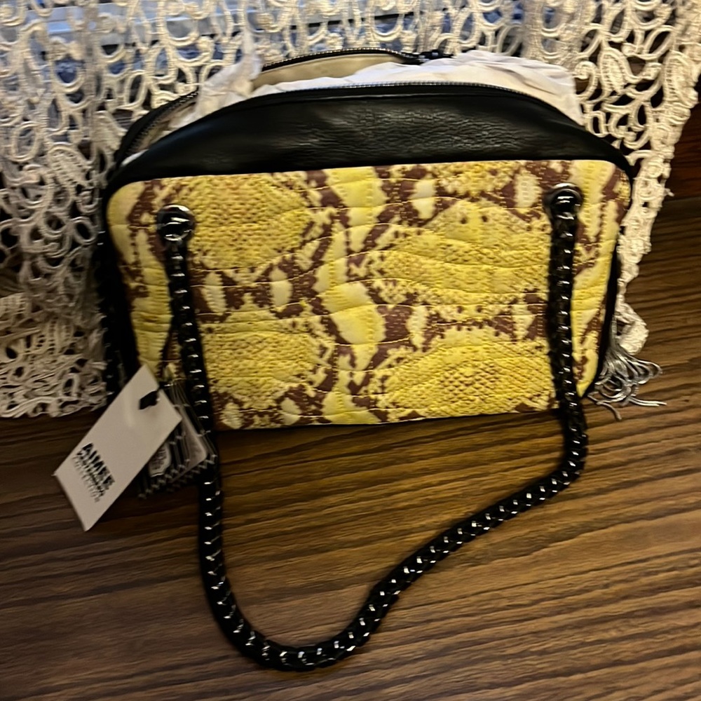 Aimee Kestenberg Yellow and Black Snake-Print Shoulder Bag